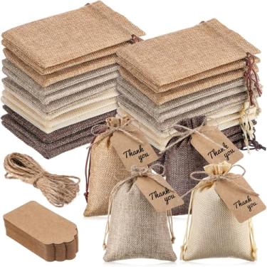 Imagem de Woanger 100 sacos de presente de serapilheira com 100 peças de etiquetas de presente de papel kraft com cordão, sacos de estopa a granel para artesanato de festa de casamento DIY (7 x 10 cm, cânhamo