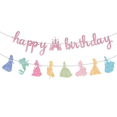 Imagem de Neyeidru Faixa rosa de feliz aniversário princesa decorações rosa guirlanda glitter bunting para meninas decorações de festa de aniversário suprimentos de lembrancinha