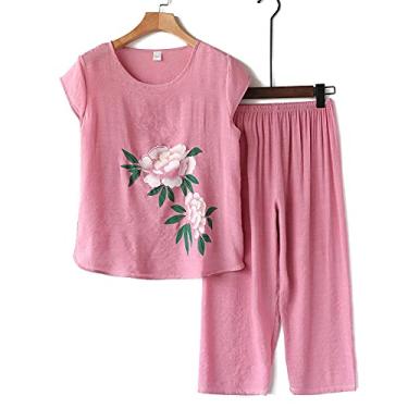 Imagem de ifgswopq Conjunto de pijama feminino novo floral camisa calça pijama terno senhora casual roupa de dormir tamanho grande (1x)