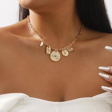 Imagem de Colar com pingente feminino dourado olho turco sol lua flor pingente colar delicado clipe de papel vintage sorte amuleto gargantilha colares joias celestiais presente