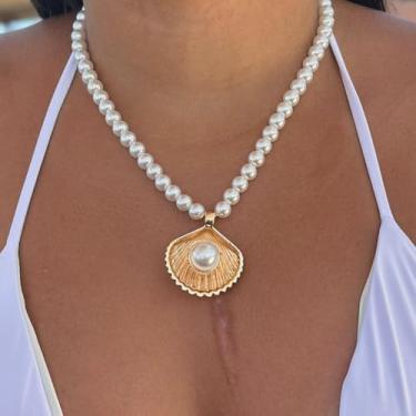 Imagem de Colar de praia dupla face concha do mar com pérolas - banhado a ouro