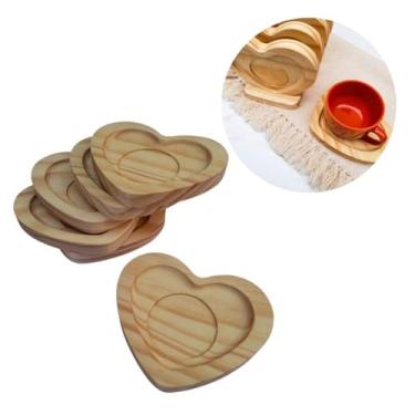 Imagem de Pires Porta Xícara Chá De Coração De Madeira Pinus Servir Cantinho do Café Mesa Posta C/6 UNIT
