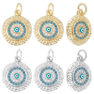 Imagem de Beebeecraft 1 caixa de 6 peças, pingentes redondos planos de zircônia cúbica azul claro e banhado a ouro 18K e platina para joias, colar, pulseira, brinco, 15 x 12,5 x 3,5 mm