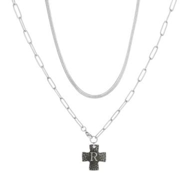 Imagem de MANZHEN Colar de cruz grossa para mulheres, pingente de cruz com inicial em camadas, vintage, clipe de papel, espinha de peixe, gargantilha de cobra, joia de fantasia, 18 Inches, Metal, Sem Pedra