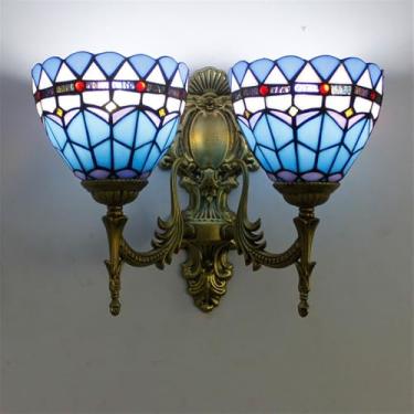 Imagem de Luminária de parede retrô americana em vidro colorido com LED, estilo europeu, luxuosa, para sala de estar, restaurante, quarto, escritório, casa de campo, hotel, café, bar, corredor (E 2 lâ