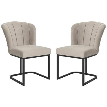 Imagem de Kit 2 Cadeiras Poltrona Flor Pés Metal Preto Mesa Quarto Cozinha Bege