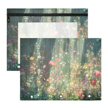 Imagem de SEHANY Pasta de lápis de flores de jardim com 3 anéis - bolsa de documentos com zíper tamanho A4 com janela transparente para sala de aula, escritório, 2 peças