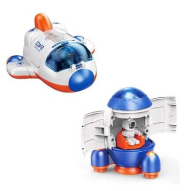Imagem de Kit 2 Brinquedos Espaciais Infantis com Astronauta, Movimento por Fricção, Material Plástico, para Crianças acima de 3 Anos (Nave + Foguete Laranja)