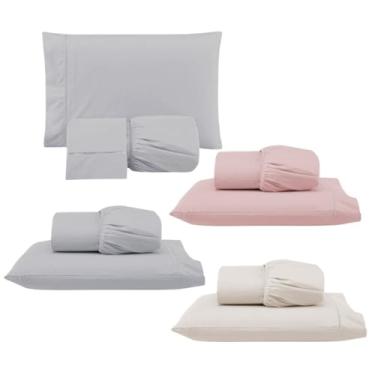 Imagem de Kit 4 Jogos de Lençol com Elástico e Fronha Bordada em Ponto Palito, 1 Casal Padrão 188x138x30cm e 3 Solteiros 138x88x30cm (4 Jogos Versat(Casal:Cinza e Solteiros:Cinza/Rosê/Palha))