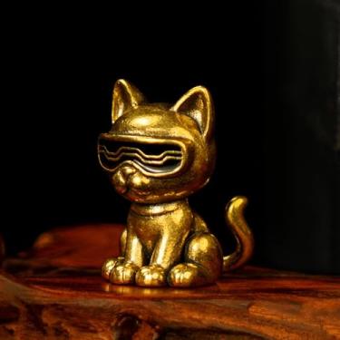 Imagem de CHOVY Decoração de mesa retrô 100% latão sólido – estatuetas colecionáveis de óculos de sol gato executando projeto M escultura animal vintage esquisitices e curiosidades artefato de escritório feito