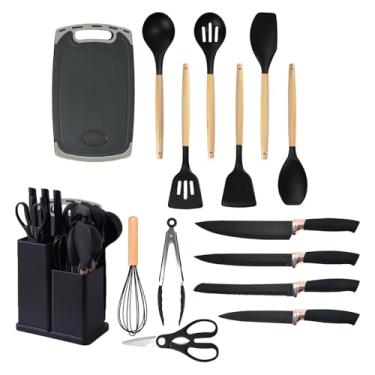 Imagem de Conjunto de ferramentas de cozinha de 15 peças, bloco de facas com utensílios de silicone seguros para calor e tábua de corte, para cozinhar e assar diariamente