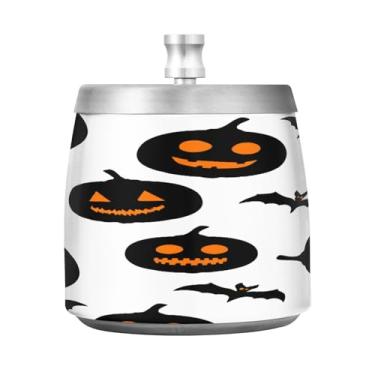 Imagem de Qilmy Cinzeiro de aço inoxidável Halloween Pumpkins com tampa - Cinzeiro de cigarro à prova de vento sem cheiro sem fumaça para casa, escritório, carro, pátio, varanda (uso interno e externo)