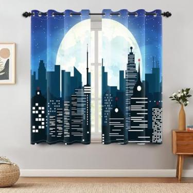 Imagem de TTQYFNM Cortinas blackout de desenho animado super cidade urbana noite lua horizonte cidade edifícios cortinas de janela super-herói paisagem urbana tratamentos para crianças quarto sala de estar