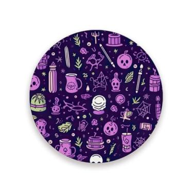 Imagem de JUZIHAI Conjunto de 2 porta-copos de caveira de Halloween, porta-copos redondos de pedra de cerâmica absorvente de 9 cm com base de cortiça, tapete de proteção de mesa para cozinha, bar, decoração de