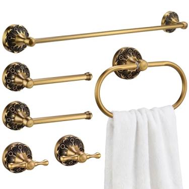 Imagem de Cinnvoice Conjunto de 6 peças de acessórios de banheiro de latão antigo, toalheiro de bronze vintage, suporte de papel higiênico, suporte de toalha de mão e anel de toalha giratório montado na parede