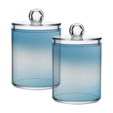 Imagem de Qilmy Qtip Suporte de boticário de 400 ml, frasco de plástico transparente azul brilhante com tampa, dispensador de recipiente de banheiro para bola de algodão, cotonete, fio dental, pacote com 2