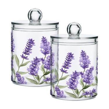 Imagem de JUZIHAI Pote de boticário de plástico transparente com tampa e organizador de maquiagem de flores de lavanda para bolas de algodão, cotonete, fio dental, 2 unidades