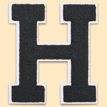 Imagem de QianSiLi Adesivos de letras universitárias de chenille preto de 11 cm, letras grandes para jaquetas Letterman, moletons com capuz, mochilas, coletes, roupas, adesivos individuais da letra H