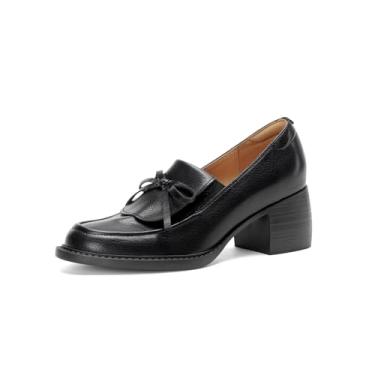 Imagem de TinaCus Sapato feminino de couro legítimo, bico redondo, laço feito à mão, salto médio, Preto, 36