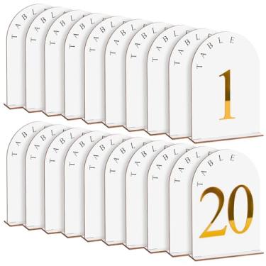 Imagem de AceOrbit Pacote com 20 números de mesa de acrílico 1-20 com suporte, placa de arco de madeira de 12,7 x 17,8 cm com número de espelho acrílico dourado, números de mesa arqueados 3D para recepção de