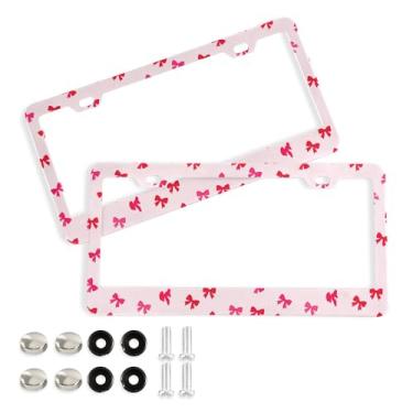 Imagem de SEHANY Lindas molduras de placa de licença de laço rosa, moldura de placa de carro de alumínio à prova de ferrugem com orifícios elípticos e parafusos serve para veículos padrão dos EUA tamanho