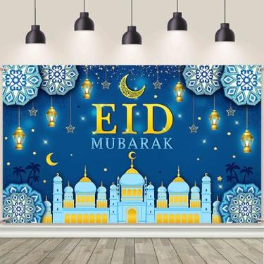 Imagem de AIBIIN Faixa de fundo Eid Mubarak, decoração de festa com tema de ouro azul para Eid Mubarak Ramadã suprimentos de festa banner suporte de cabine de fotos 70,8 x 43,3 polegadas