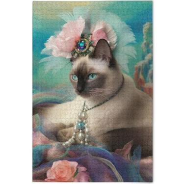 Imagem de Quebra-cabeça personalizada com design de gato siamês 500 peças para adultos, amigos, família, presentes exclusivos, decoração de pintura animal, 52 x 37,8 cm