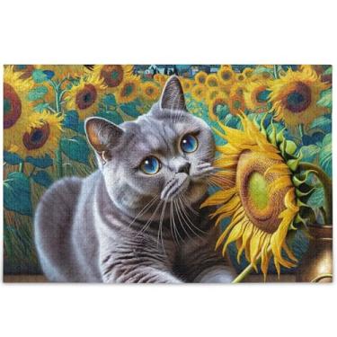 Imagem de Quebra-cabeça de gato britânico de pelo curto, girassóis, adulto, 500 peças, presentes para amantes de família, quebra-cabeças rígidos para adultos, quebra-cabeça personalizado, arte de brinquedo, 52