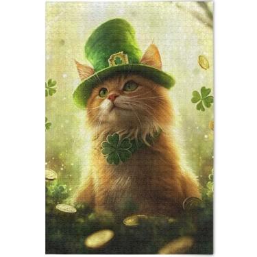 Imagem de Quebra-cabeça personalizado de gato fofo trevo de São Patrício adulto 500 peças presentes de jogo amigos família presentes exclusivos quebra-cabeça arte animal flor, 52 cm x 37,8 cm