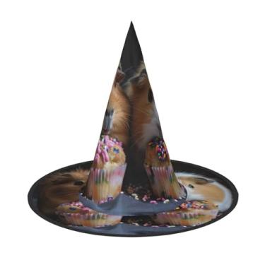 Imagem de XLLingL Chapéu de bruxa de Halloween com estampa de porquinhos-da-índia e cupcakes, adequado para festas de RPG e festas à fantasia - 1 peça