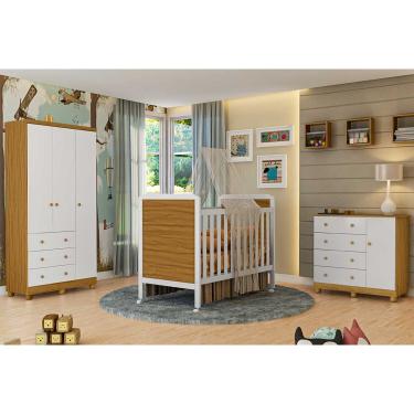 Imagem de Quarto Infantil Completo 3 Peças (1GuardaRoupa+1Berço+1Cômoda) QI123 Branco/Amendoa - Peroba