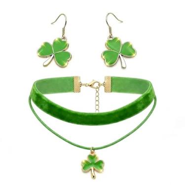 Imagem de ZZQPSD Conjunto de joias de Dia de São Patrício para mulheres - Colar de trevo de 4 folhas com gargantilha e brincos de veludo, joia verde esmeralda, acessórios para o festival irlandês da sorte |