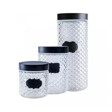 Imagem de Kit 3 Potes Redondo de Vidro com Tampa Preta e Adesivo Lousa