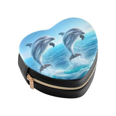 Imagem de Burbuja Caixa de joias em forma de coração com golfinhos saltadores, mini estojo de viagem para mulheres e meninas, organizador portátil de armazenamento para brincos, anéis, colares e pulseiras