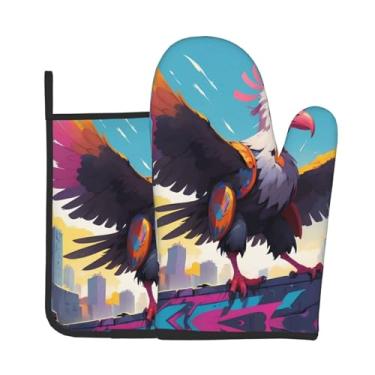 Imagem de Conjunto de luvas de forno de cozinha com estampa de abutre de graffiti, conjunto de 2 peças, adequado para cozinhar, assar e grelhar ao ar livre