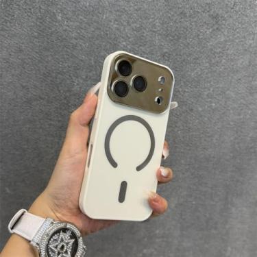 Imagem de Capa com lente grande e película protetora para iPhone 17 Pro Max, compatível com iPhone 17, 16, 15, 14, 13, 12, Pro Max e 17 Air, com carregamento sem fio magnético, na cor branca.
