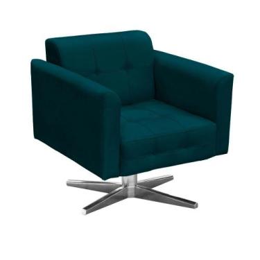 Imagem de Poltrona Decorativa Elisa Suede Azul Pavão com Base Giratória em Aço C