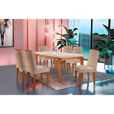 Imagem de Kit Mesa Londrina Tampo Vidro 180cm + 6 Cadeiras Lunara Imbuia Linho Bege