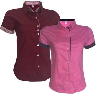 Imagem de Blusa Feminina Social Manga Curta Rosa Bordô Combo 2 UN - Lojas Vicent