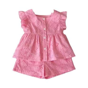 Imagem de Conjunto De Verão Para Meninas Em Algodão Rosa, Top Com Mangas Vazadas