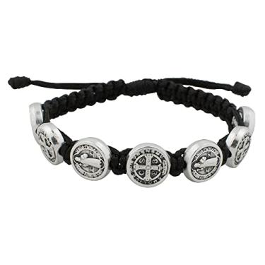 Imagem de Venerare Pequena pulseira de tecido com sete medalhas de São Bento | Cordão preto e contas de metal prateado | Santo Padroeiro dos Estudantes e da Europa | Ótimo presente católico para a primeira