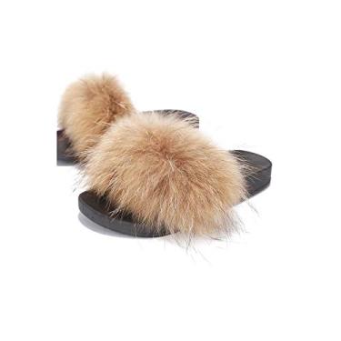 Imagem de Liliana Nomi-17 Tan Luxury Real Raccon Fur Slippers Slides Flat Soles Mule (10)