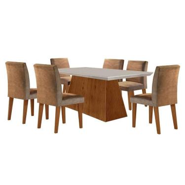 Imagem de conjunto de mesa de jantar retangular com tampo de vidro off white luna e 6 cadeiras grécia suede animalle chocolate e imbuia