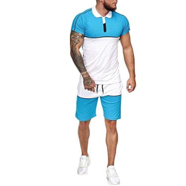 Imagem de Ternos Taupe para homens conjunto esportivo casual de verão conjunto esportivo de seda gelo slim fit camiseta de manga curta meninos jantar, Azul claro, 3X-Large
