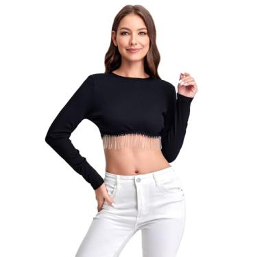 Imagem de Milumia Camiseta feminina com bainha de franja e manga comprida cropped na moda camisetas com gola redonda, Preto, G