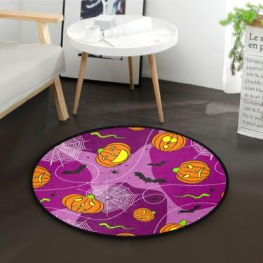 Imagem de GuoChe Tapete redondo pequeno roxo laranja abóboras tapete de chão antiderrapante tapete circular macio para decoração de quarto