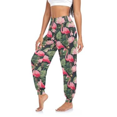 Imagem de Calça Harem feminina vintage atlética para ioga, cintura elástica, calça casual leve, Flamingo rosa e flores folhas verdes, G