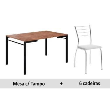 Imagem de Sala de Jantar Completa 1526 Aço c/Tampo Madeirado 136x90cm e 6 Cadeiras 1700 Preto/Cromado/Branco - Carraro