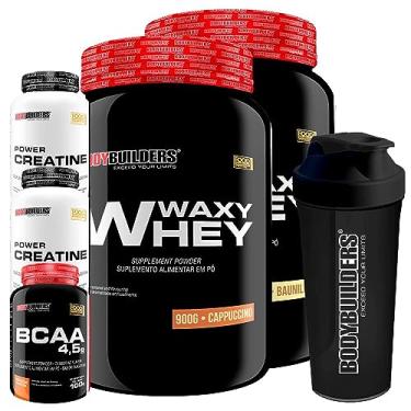 Imagem de Kit 2x Waxy Whey Baunilha e Cappuccino 900g + BCAA 4,5 100g + 2x Power Creatina 100g + Coqueteleira - Bodybuilders
