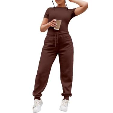 Imagem de YETOWA Conjunto elegante de 2 peças de camiseta de manga curta e calça jogger casual solta, Rich Mocha Brown, Medium